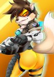  2020 anthro blizzard_entertainment butt canid canine clothing fox fur hi_res holding_gun holding_object holding_weapon looking_back mammal nageruamado open_mouth overwatch rear_view simple_background smile tan_body tan_fur tight_clothing tracer_(overwatch) video_games weapon 