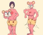  2020 anthro before_and_after black_hair breast_growth breasts duo female gender_transformation hair human human_to_anthro living_clothing male mammal menma911 mtf_transformation pink_body simple_background species_transformation suit_transformation surprise transformation ursid whiskers 