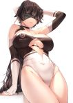  1girl arm_support arm_up azur_lane bangs bare_shoulders black_hair blindfold blush bow breasts cleavage closed_mouth covered_eyes covered_navel covered_nipples elbow_gloves fingerless_gloves gloves hair_bow hair_flaps hand_in_hair hand_up highres large_breasts leaning_back long_hair looking_at_viewer maki_tatsuki ponytail race_queen simple_background solo standing takao_(azur_lane) takao_(full_throttle_charmer)_(azur_lane) thighs unitard very_long_hair white_background white_bow 