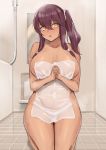  1girl absurdres bangs bare_shoulders bottle breasts brown_hair covered_nipples eyebrows_visible_through_hair girls_frontline hair_between_eyes hands_together highres interlocked_fingers kuro_(zhurunbo1997) large_breasts low_tied_hair naked_towel saiga-12_(girls_frontline) scrunchie see-through seiza side_ponytail sidelocks sitting thighs tile_floor tiles towel wet wet_towel white_scrunchie yellow_eyes 