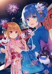  2girls :d aerial_fireworks ahoge animal baggy_pants bangs bell blue_eyes blue_hair blurry blurry_background bow brown_hair candy_apple closed_mouth commentary_request commission depth_of_field english_text eyebrows_visible_through_hair fan fireworks fish flower food goldfish hair_bell hair_flower hair_ornament hitsuki_rei holding holding_fan holding_food jingle_bell looking_at_viewer looking_back multicolored_hair multiple_girls night night_sky obi open_mouth outdoors pants paper_fan pink_hair purple_bow red_eyes red_flower sash setsuna_(shironeko_project) shironeko_project sky smile streaked_hair striped striped_bow summer_festival torii towa_(shironeko_project) uchiwa white_flower 