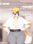  anthro belt big_breasts black_hair blonde_hair bracelet breasts canid canine cleavage clothed clothing curvy_figure dialogue digital_media_(artwork) english_text eyeshadow eyewear female fox fur glasses hair hi_res jewelry leggings legwear lips looking_at_viewer makeup mammal mature_female open_shirt rosanne_(artist) shirt simple_background solo solo_focus text thick_bottom_lip thick_thighs topwear url voluptuous wide_hips 