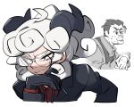  1boy 1girl black_gloves black_suit chillarism curly_hair glasses gloves hand_on_own_chin helltaker helltaker_(character) highres horns pandemonica_(helltaker) red_eyes red_shirt sadism shirt smirk sunglasses sweat white_hair 