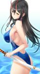  1girl ass azur_lane black_hair blue_swimsuit breasts commentary_request competition_swimsuit cowboy_shot gradient gradient_background horns ishizu_kayu large_breasts long_hair one-piece_swimsuit oni_horns shinai sideboob solo suzuya_(azur_lane) swimsuit sword water weapon yellow_eyes 