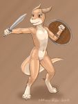  2019 3:4 3_toes 4_fingers anthro brown_eyes claws eddiew featureless_chest female fighting_pose fingers flat_chested genitals hi_res holding_object holding_shield holding_sword holding_weapon horn kobold melee_weapon multicolored_body navel nude pose pussy scalie shield simple_background solo spots standing sword toe_claws toes two_tone_body weapon 