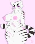  2020 absurd_res anthro areola big_breasts blazethefox blush breasts clothing crotch_tuft curvy_figure erect_nipples eyelashes fangs felid female fur genitals hi_res leucistic looking_at_viewer mammal navel nipples nude pantherine penny_(blazethefox) pink_background pink_nose pink_sclera pubes purple_eyes pussy scar shirt_up signature simple_background solo stripes thick_thighs tiger tuft underwear voluptuous white_body white_fur wide_hips 