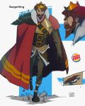  1boy angry armor beard brown_hair burger_king cape coran_stone crown english_commentary facial_hair full_body highres logo male_focus multiple_views mustache shoulder_armor shoulder_spikes solo spikes the_king_(burger_king) walking 