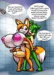  anthro balls big_breasts big_penis blush breasts canid canine crossgender derrick_haster english_text eulipotyphlan female fox genitals hedgehog hi_res male male/female mammal miles_prower mtf_crossgender norithics nude penis pussy sex shower sonic_the_hedgehog_(series) text thigh_sex 