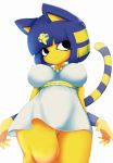  2020 5_fingers absurd_res animal_crossing ankha_(animal_crossing) anthro ashraely big_breasts blue_hair breasts clothing curvy_figure digital_media_(artwork) egyptian felid feline female fingers fur genitals hair hi_res huge_breasts jewelry mammal nintendo pussy simple_background solo thick_thighs uraeus video_games voluptuous wide_hips yellow_body yellow_fur 