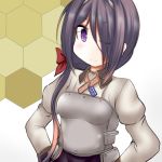  1girl ariake_(kantai_collection) black_hair breastplate commentary_request cosplay dress_shirt flag_print gradient_hair grey_shirt hair_over_one_eye hair_over_shoulder hands_on_hips helena_(kantai_collection) helena_(kantai_collection)_(cosplay) honeycomb_(pattern) honeycomb_background kantai_collection long_hair long_sleeves military military_uniform multicolored_hair neck_ribbon one_eye_closed ouno_(nounai_disintegration) purple_eyes ribbon shirt solo uniform upper_body 