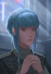  1girl blue_hair braid brown_eyes commentary crown_braid english_commentary epaulettes fire_emblem fire_emblem:_three_houses garreg_mach_monastery_uniform hair_between_eyes indoors light_rays lips looking_away marianne_von_edmund short_hair solo uniform yagaminoue 