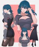  1girl adz_lrp black_shorts blue_eyes blue_hair breasts byleth_(fire_emblem) byleth_(fire_emblem)_(female) cleavage closed_mouth fire_emblem fire_emblem:_three_houses from_behind from_side high_heels highres looking_to_the_side multiple_views pantyhose shorts simple_background 