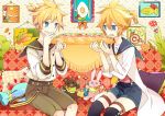  2boys aqua_eyes blonde_hair bread cat cutlery food kagamine_len link multiple_boys nail_polish photo_(object) pillow short_hair shorts sitting stuffed_animal stuffed_bunny stuffed_toy teddy_bear vocaloid yoshiki 