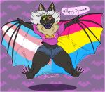  2019 anthro bat_wings bludermaus bludermaus_(character) bottomwear breasts chiropteran clothing curvy_figure dark_grey_fur eyewear fangs female glasses green_eyes hair heterochromia jumping lgbt_history_month lgbt_pride lips mammal membrane_(anatomy) membranous_wings microchiropteran midriff neck_tuft no_pupils paint painted_wings pansexual_pride_colors phyllostomid prehensile_feet pride_colors purple_eyes purple_lips round_glasses short_stack shorts smile solo spread_wings squeaking thick_lips transgender_pride_colors tuft vampire_bat white_hair wings yangochiropteran 