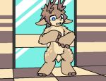  anthro antlers blue_eyes brown_body brown_fur cervid changed_(video_game) chest_tuft crotch_tuft dragontim featureless_crotch fur horn lin_(changed) male mammal rubber solo surprise surprised_expression tuft 