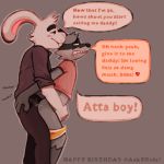  1:1 anal anal_penetration anthro birthday birthday_sex blush bowserboy101 clothed clothing couple_(disambiguation) daddy_kink duo english_text genitals lagomorph leporid male male/male male_penetrated male_penetrating male_penetrating_male mammal narrowed_eyes orf partially_clothed penetration penis procyonid rabbit raccoon s_(therapywiths) sex simple_background speech_bubble text 