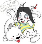  ! &lt;3 2016 ahoge annoying_dog_(undertale) blush blush_stickers bottomless canid canine canis clothed clothing domestic_dog fur hair mammal motion_blur motion_lines multi_ear paws petting speech_bubble striped_shirt tailwag tem temmie_(undertale) tongue tongue_out undertale video_games white_body white_fur 