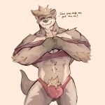  1:1 2020 anthro arm_tuft big_bulge black_nose body_hair brown_body brown_fur brown_hair bulge chest_hair clothing elbow_tufts english_text fur hair happy_trail hi_res looking_at_viewer lutrine makowolf1 male mammal muscular muscular_anthro muscular_male mustelid solo standing text tuft underwear undressing 