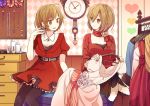  2girls argyle argyle_background blush brown_eyes brown_hair clock dress heart holding_clothes meiko multiple_girls nail_polish open_mouth pantyhose red_dress short_hair sitting vocaloid yoshiki 