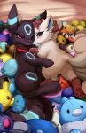  2020 absurd_res blush cuddling duo eeveelution hi_res kiara_(blacky) nintendo one_eye_closed pikachu plushie pok&eacute;mon pok&eacute;mon_(species) pridark smile toy umbreon video_games wobbuffet 