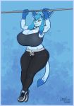  absurd_res anthro big_breasts blue_border border breasts cleavage clothed clothing eeveelution exercise female furgonomics furry-specific_piercing glaceon greasymojo hi_res huge_breasts nintendo piercing pok&eacute;mon pok&eacute;mon_(species) solo video_games 