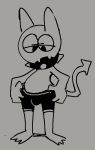  3_fingers 3_toes bites_(squishy) bulge clothed clothing collar cute_fangs digital_media_(artwork) fingers full-length_portrait imp male monochrome narrowed_eyes portrait simple_background slightly_chubby solo spade_tail spiked_collar spikes squishy_(artist) toes topless underwear 