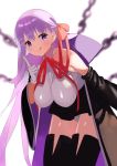  1girl bangs bare_shoulders bb_(fate)_(all) bb_(fate/extra_ccc) black_coat black_legwear black_skirt blush breasts chain closed_mouth coat fate/extra fate/extra_ccc fate_(series) gloves hair_ribbon high-waist_skirt highres index_finger_raised large_breasts leaning_forward leotard licking_lips long_hair looking_at_viewer neck_ribbon off_shoulder open_clothes open_coat popped_collar purple_eyes purple_hair red_ribbon ribbon skirt smile thighs tongue tongue_out very_long_hair white_background white_gloves white_leotard wide_sleeves zenshin 