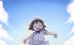  1girl blue_sailor_collar blush brown_hair child closed_eyes cloud daitou_(kantai_collection) day dress ham_(points) kantai_collection open_mouth sailor_collar sailor_dress short_sleeves sky solo white_dress white_headwear 