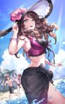  1girl 2boys beach bikini blue_sky bracelet brown_hair cloud cup day dorothea_arnault earrings eyewear_on_head fire_emblem fire_emblem:_three_houses fire_emblem_heroes flower from_side glass green_eyes hat hat_flower holding holding_cup jewelry long_hair looking_to_the_side lorenz_hellman_gloucester male_swimwear multiple_boys nail_polish open_mouth outdoors palm_tree purple_hair red_hair see-through shirtless short_hair sky sunglasses swim_briefs swim_trunks swimsuit swimwear sylvain_jose_gautier tree user_mxwe7242 water 
