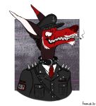  anthro clothing collar facial_scar foxmusk leather male military military_uniform necktie scar smoking sobek_(foxmusk) solo spiked_collar spikes uniform upside_down_cross 