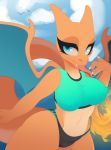  2020 anthro anthrofied breasts charizard claws detailed_background fire hi_res looking_at_viewer milkibee nintendo pok&eacute;mon pok&eacute;mon_(species) reptile scalie smile standing tongue tongue_out video_games wings 