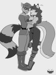  &lt;3 2020 anthro bodysuit boots breasts carmelita_fox cleavage clothed clothing digital_drawing_(artwork) digital_media_(artwork) dipstick_ears duo ear_piercing eye_contact footwear fox_tail greyscale hat headgear headwear hug inner_ear_fluff interspecies jacket looking_at_another mammal monochrome multicolored_ears on_one_leg piercing procyonid raccoon raised_leg ringtail romantic_couple simple_background sketch skinsuit sly_cooper sly_cooper_(series) smile sony_corporation sony_interactive_entertainment standing stogiegoatarts sucker_punch_productions tight_clothing topwear tuft video_games 