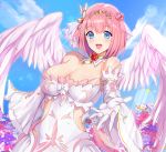  1girl angel_wings bare_shoulders blue_eyes bob_cut breasts choker cleavage collarbone detached_sleeves feathered_wings hair_ornament highres hip_vent koucha_maru large_breasts open_mouth outstretched_arm pink_hair princess_connect! princess_connect!_re:dive short_hair smile wide_sleeves wings yui_(princess_connect!) 