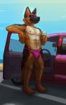  10:16 anthro beach bulge canid canine canis car clothed clothing dark_fur dessert domestic_dog eyewear flugeldog food fur german_shepherd glasses herding_dog hi_res ice_cream ice_cream_cone male mammal muscular nipples outside parking_lot partially_clothed pastoral_dog purple_clothing sand seaside sky smile solo speedo standing sunglasses swimwear topless vehicle water 