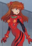  1990s_(style) 1girl blue_eyes bodysuit breasts brown_hair commentary english_commentary eyebrows_visible_through_hair interface_headset long_hair looking_back neon_genesis_evangelion open_mouth optionaltypo pilot_suit plugsuit red_bodysuit skin_tight small_breasts solo souryuu_asuka_langley 