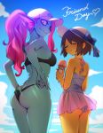  ambiguous_gender anthro bikini bikini_top black_bikini black_clothing black_swimwear blue_body blue_skin bottomwear bow bra brown_hair butt clothed clothing cloud curvy_figure deltarune dessert duo eye_patch eyes_closed eyewear female fin fish food hair hair_over_eye hat head_fin headgear headwear hi_res human ice_cream kris_(deltarune) looking_at_viewer mammal marine noaharbre one_eye_obstructed panties pink_clothing red_hair skirt sky smile swimwear text undertale underwear undyne video_games yellow_body yellow_eyes yellow_skin 