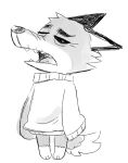  animal_crossing anthro black_sclera canid canine canis clothing dobie_(animal_crossing) looking_at_viewer male mammal mature_male mike_cubes monochrome nintendo old one_eye_closed simple_background solo sweater topwear video_games wolf 