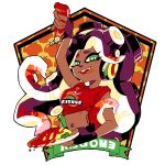  1girl :p arm_up black_gloves bottle bright_pupils cephalopod_eyes commentary dark_skin fangs fingerless_gloves food gloves gradient_hair green_eyes half-closed_eyes headphones highres holding holding_bottle holding_plate iida_(splatoon) inkling_(language) katsu_noha ketchup ketchup_bottle long_hair looking_at_viewer makeup mascara midriff mole mole_under_mouth multicolored_hair navel octarian omurice open_mouth plate print_shirt red_hair red_shirt shirt short_sleeves sleeves_rolled_up smile solo splatoon_(series) splatoon_2 suction_cups t-shirt tentacle_hair tied_shirt tomato tongue tongue_out upper_body white_pupils 