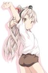  1girl amatsukaze_(kantai_collection) ass bangs blush brown_buruma brown_eyes buruma closed_mouth covered_nipples eyebrows_visible_through_hair grey_hair gym_shirt gym_uniform hair_tubes ham_(points) kantai_collection long_hair outline shirt simple_background solo stretch two_side_up white_background white_shirt 