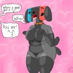  &lt;3 &lt;3_background 1:1 absurd_res ace_d_wolf animate_inanimate anthro big_butt blush bodily_fluids breasts butt canid collar female genital_fluids genitals grey_body hi_res mammal nintendo nintendo_switch nude open_mouth pet_praise pink_background pussy_juice saliva simple_background slightly_chubby smile solo standing switch_dog text thick_thighs tongue tongue_out video_games wide_hips 