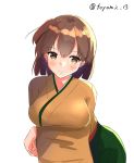  1girl breasts brown_eyes brown_hair cowboy_shot green_hakama hakama hiryuu_(kantai_collection) japanese_clothes kantai_collection kimono large_breasts looking_at_viewer one_side_up short_hair simple_background solo toyomi_13 twitter_username white_background yellow_kimono 