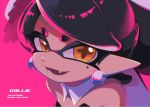  +_+ 1girl aori_(splatoon) bangs bare_shoulders black_hair black_jumpsuit brown_eyes character_name collar commentary copyright_name detached_collar domino_mask earrings english_text face fangs food food_on_head highres jewelry long_hair looking_at_viewer mask mole mole_under_eye object_on_head open_mouth pink_background pointy_ears seto_(asils) simple_background smile solo splatoon_(series) splatoon_1 sushi swept_bangs tentacle_hair white_collar wing_collar 