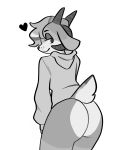  &lt;3 3:4 anthro big_butt bovid butt caprine goat hi_res hoodie_only long_ears looking_back male mammal monochrome presenting presenting_hindquarters smile solo spicysaturns yiwol_(character) 