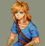 1boy bandaged_arm bandaged_wrist bandages bangs belt blonde_hair blue_eyes blue_shirt brown_belt closed_mouth collarbone eyebrows_visible_through_hair grey_background kostop link looking_at_viewer male_focus medium_hair pointy_ears shirt sidelocks simple_background solo the_legend_of_zelda the_legend_of_zelda:_breath_of_the_wild upper_body 