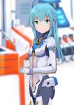  1girl alice_gear_aegis bangs blue_hair blurry blurry_background bodysuit closed_mouth cowboy_shot depth_of_field eyebrows_visible_through_hair gloves green_eyes hair_between_eyes hands_together highres long_hair long_sleeves looking_at_viewer momo_(higanbana_and_girl) ochanomizu_mirie own_hands_together smile solo standing white_bodysuit white_gloves 
