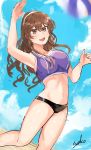  1girl ashigara_(kantai_collection) beach_volleyball bikini blue_sky brown_eyes brown_hair cloud commentary_request day fang hairband highres kantai_collection long_hair mismatched_bikini miyako_(00727aomiyako) motion_blur open_mouth outdoors signature sky solo sports_bikini swimsuit volleyball wavy_hair 