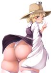  1girl ass blonde_hair blush breasts commentary_request from_behind hat highres huge_ass large_breasts looking_at_viewer moriya_suwako older original panties shishi_juuroku short_hair simple_background skindentation smile solo thick_thighs thighhighs thighs touhou underwear white_background white_legwear white_panties yellow_eyes 