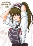  1girl apron arms_behind_head artist_logo ashigara_(kantai_collection) black_ribbon brown_eyes brown_hair commentary_request dated dress_shirt fang frilled_apron frills hairband highres kantai_collection kotowari_(newtype_kenkyuujo) long_hair long_sleeves neck_ribbon purple_apron remodel_(kantai_collection) ribbon shirt solo twitter_username tying_hair upper_body white_hairband white_shirt 