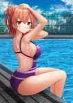  1girl arm_up ass bangs bare_legs blush breasts casual_one-piece_swimsuit closed_mouth day eyebrows_visible_through_hair fence from_side hair_bun hands_on_own_head highres kazenokaze large_breasts light_rays looking_at_viewer looking_to_the_side o-ring o-ring_swimsuit one-piece_swimsuit outdoors pool poolside purple_swimsuit red_eyes red_hair short_hair side_bun sideboob smile soaking_feet solo strap_gap sunbeam sunlight swimsuit thighs water yahari_ore_no_seishun_lovecome_wa_machigatteiru. yuigahama_yui 