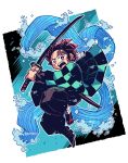  1boy black_pants bright_pupils checkered earrings fighting_stance haori highres holding holding_sword holding_weapon japanese_clothes jewelry kamado_tanjirou kimetsu_no_yaiba looking_at_viewer male_focus open_mouth pants rariatto_(ganguri) red_eyes red_hair solo sword twitter_username two-handed waves weapon white_pupils 